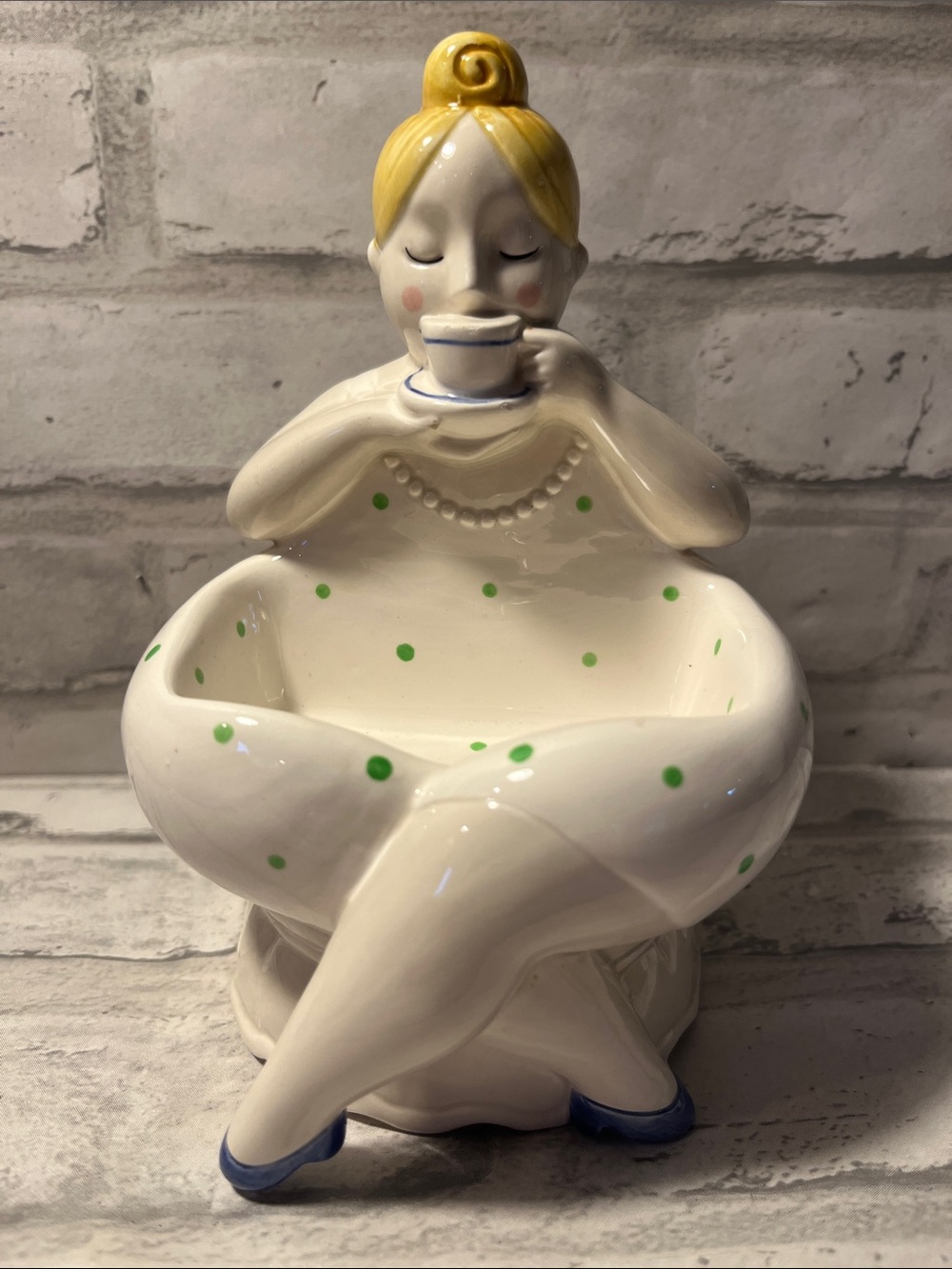 Vintage Ceramic Lady Figurine Dish Green Polka Dots trinket sugar packets